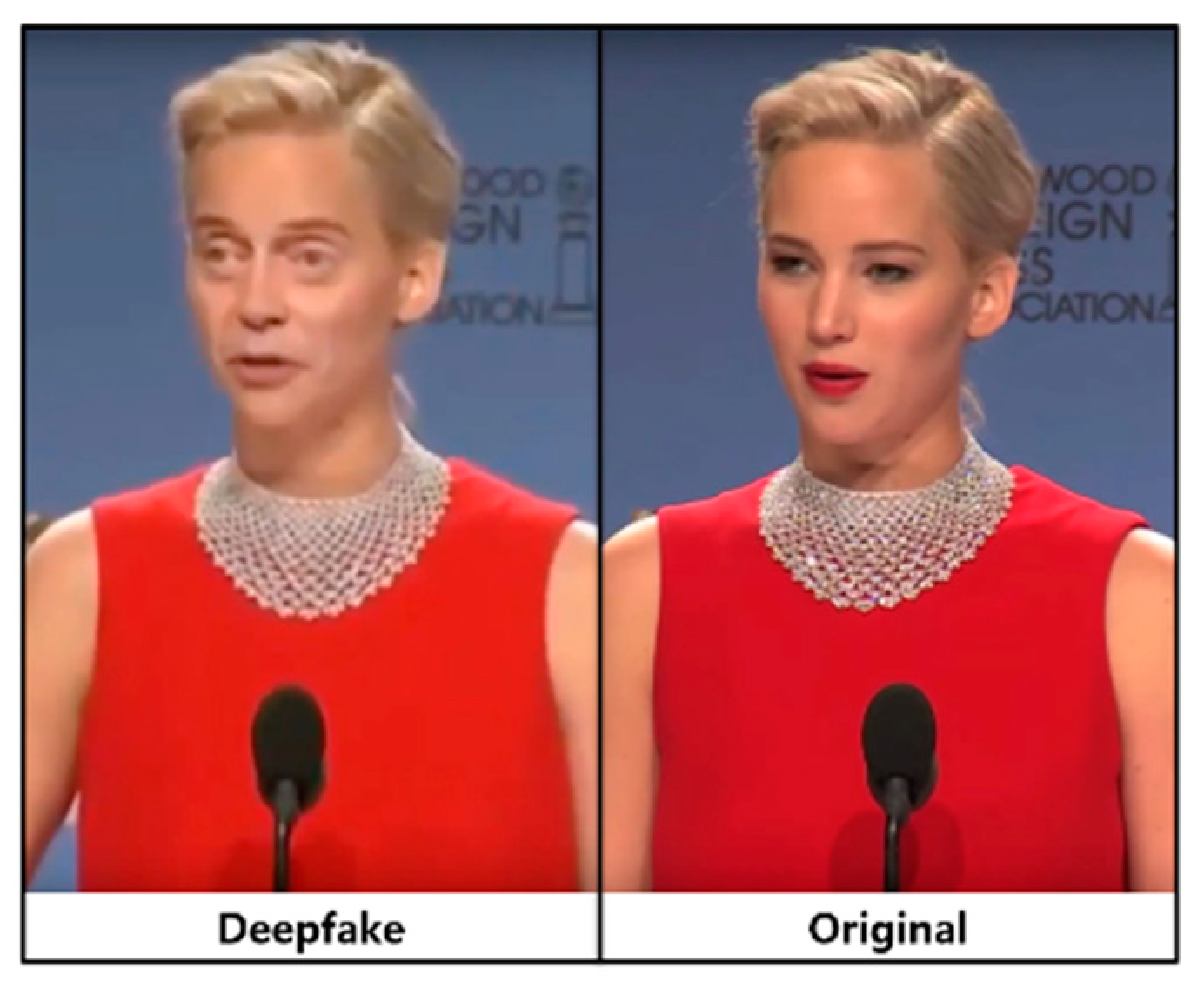 An example of a deepfake with visual artifacts compared to the original video.